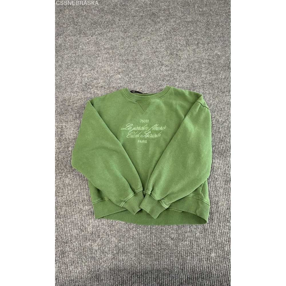 HM Green Embroidered Crewneck Sweatshirt Long Sleeve Pullover Crop Boxy - Size M